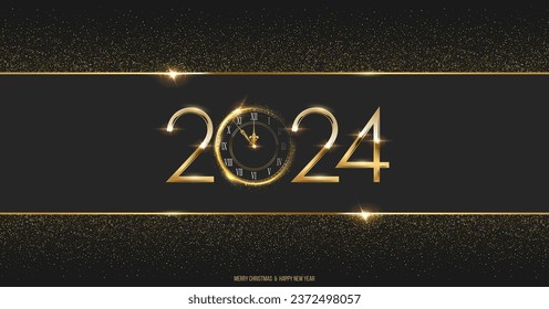 2024 Happy New Year clock countdown background. Gold glitter shining in light with sparkles abstract celebration. Greeting festive card vector illustration. Merry holiday poster or wallpaper design.
