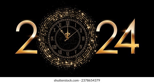 2024 Happy New Year clock countdown background. Gold glitter shining in light with sparkles abstract celebration. Greeting festive card vector illustration. Square holiday poster or wallpaper design.