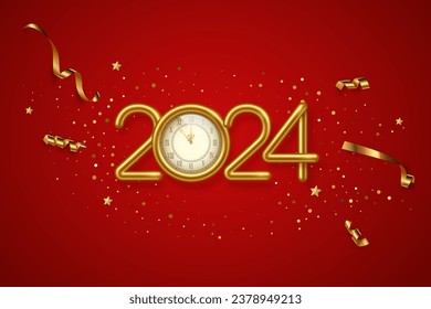 2024 Happy New Year clock countdown on red background. Gold glitter shining in light with sparkles celebration. Greeting festive card vector illustration. Merry holiday poster or wallpaper design.