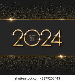 2024 Feliz año nuevo conteo regresivo. Brillante de oro brillando a la luz con brillantes celebración abstracta. Ilustración vectorial de la tarjeta festiva de saludo. Afiche de feriado o diseño de papel pintado.