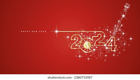 2024 Happy New Year. Clock countdown. 2024 in the form of a line design with champagne cork with shining sparkle firework golden white red banner vector