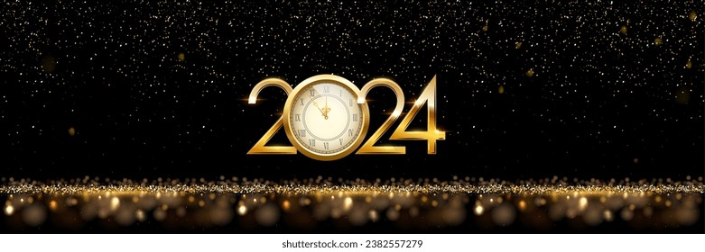 2024 Happy New Year clock countdown background. Gold glitter shining in light with sparkles abstract celebration. Greeting festive card vector illustration. Merry holiday poster or wallpaper design.