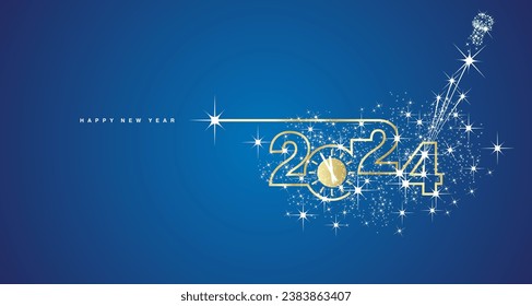 2024 Happy New Year. Clock countdown. 2024 in the form of a line design with champagne cork with shining sparkle firework golden white blue banner vector