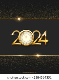 2024 Happy New Year clock countdown background. Gold glitter shining in light with sparkles abstract celebration. Greeting festive card vertical vector illustration. Holiday poster, wallpaper design.