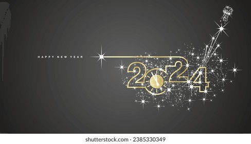 2024 Happy New Year. Clock countdown. 2024 in the form of a line design with champagne cork with shining sparkle firework golden white black banner vector