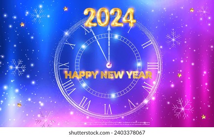 2024 Happy New Year clock countdown background with snowflakes and glitter sparkles. Party invitation card concept for new years eve.Happy 2024 New Year! Elegant Christmas congratulation. Vector EPS10