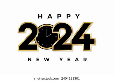 2024 happy new year clock countdown background gold glitter shining in light with sparkles abstract celebration greeting festive card vector illustration merry holiday poster or wallpaper design. 