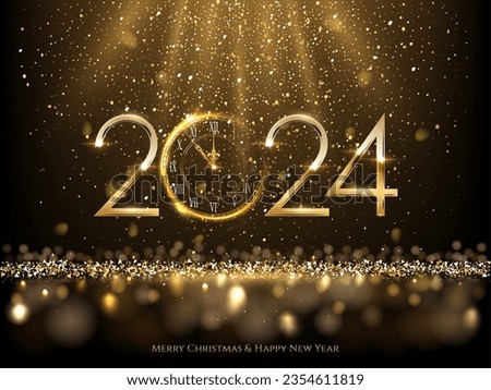 2024 Happy New Year clock countdown background. Gold glitter shining in light with sparkles abstract celebration. Greeting festive card vector illustration. Merry holiday poster or wallpaper design.