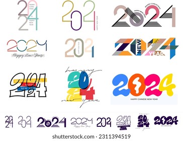 2024 Happy New Year color logo text design. Set of 2024 number design template. Trend 2024 Happy New Year symbols. Vector illustration. Text for design, banner, web, t-shirt, party, poster, media post