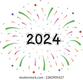 2024 Happy New Year with colorful firework spark effect isolated on white. Good for logo, icon, greeting, flyer, banner new year event. Vector illustration.