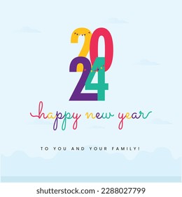 2024. Happy new year. 2024 New year colourful announcement poster for social media. Happy new year handwritten text with aqua blue decent background. stay tuned with us. announcement concept. Wish.