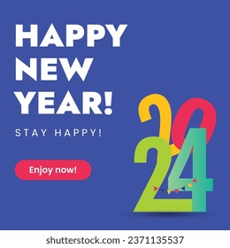 2024. Happy new year. 2024 New year colourful announcement poster for social media. Happy new year text with aqua blue decent background. Stay tuned with us. announcement concept. Wish. 2025