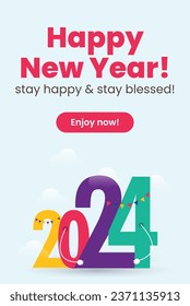 2024. Happy new year. 2024 New year colourful announcement poster for social media. Happy new year story with aqua blue decent background. stay tuned with us. announcement concept. Wish.