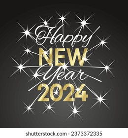 2024 Happy New Year compact sparkle stars firework gold white black background vector. Year 2024 concept design for greeting card