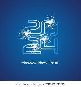 2024 Happy New Year compact line design neon light with glitter sparkle firework cyberspace 2024 year white blue background