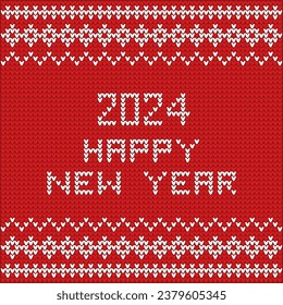 2024 and happy new year concept as knitwear textile design in red and white color. Sweater, pullover and wool fabric with pattern, number 2024 and letters knitted into it.