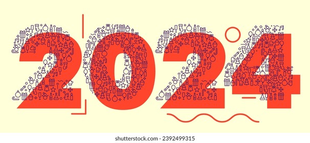 2024 happy new year concept design. Festive silhouette number from small thin line christmas icons. Creative fashion composition in simple geometric modern style. Vector illustration.