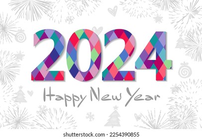2024 Eine schöne kreative Grußkarte für das neue Jahr. Moderne Nummer 20 24 und Urlaubshintergrund mit gezeichnetem Stil, einzelne grafische Elemente. Muster mit Vektormaske. Bannerdesign.