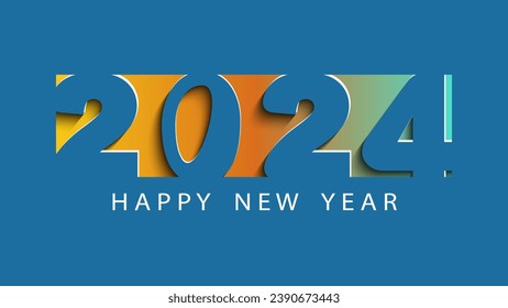 2024, Happy New Year 2024. Creative design of numbers and text. Symbol of wishes, celebration. Blue and colorful background. Design for calendar. Poster, inscription, greeting card or print, template