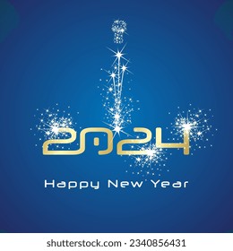 2024 Happy New Year cyberspace typography lettering light sparkle firework gold white blue background