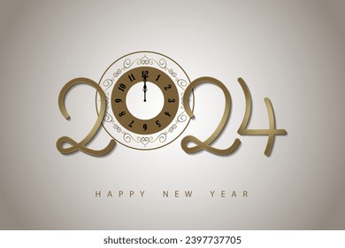 2024 Happy New Year Dark Golden Text with Modern Vintage Clock Countdown White Background