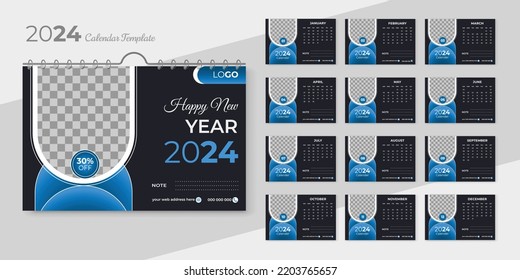 2024 Happy New Year Desk Calendar Design Template Layout With Blue Color Shapes. The Week Starts On Sunday. Creative And Minimal Desk Calendar For 2024 With Black Background