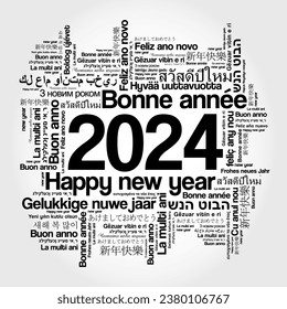 2024 Happy New Year in different languages, celebration word cloud greeting card