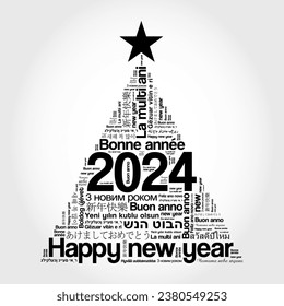 2024 Happy New Year in different languages, celebration word cloud greeting card in the shape of a christmas tree