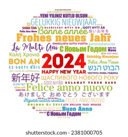 2024 Feliz Año Nuevo en diferentes idiomas, tarjeta de felicitación de palabra nube de celebración