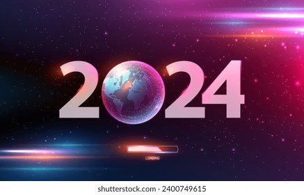 2024 Feliz Año Nuevo planilla de banner web digital con mapa del mundo sobre el fondo del espacio. Mundo de IA digital. Banner de Tecnología y Ciencia. Tecnología Futurista de Año Nuevo 2024. EPS10 vectores.