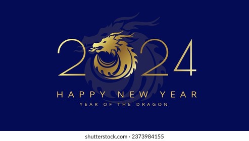 2024 Happy New Year of Dragon luxury background. Golden design for Christmas and Chinese New Year of the Dragon 2024 greeting cards and social media banners