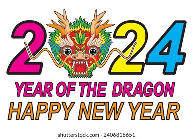 2024 HAPPY NEW YEAR – Year of the dragon with cute young Chinese Dragon face or head drawing in colorful cartoon vector