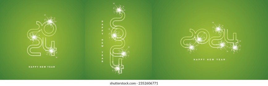 2024 Happy New Year event ultra modern neon line design numbers typography. Set collection of 2024 white lucky green icon logo with sparkle firework for calendar, poster, banner and social media templ