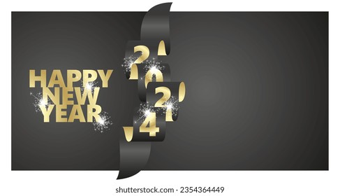 2024 Happy New Year event concept design template with sparkle firework. Year 2024 written vertically on golden black wavy ribbon. Premium vector design for poster, banner, greeting card