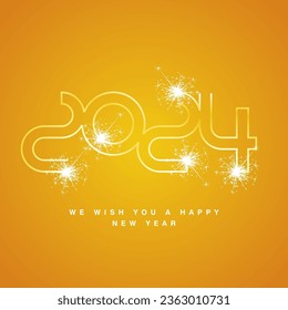 2024 Feliz Año Nuevo ultra moderno diseño de línea de neón números tipografía icono amarillo naranja blanco logo con fuegos artificiales