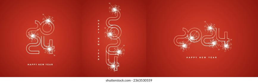 2024 Happy New Year event ultra modern neon line design numbers typography. Set collection of 2024 white red icon logo with sparkle firework for calendar, poster, banner and social media template