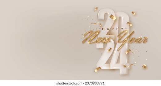 2024 Festividad feliz Año Nuevo plantilla de tarjetas. Saludando el diseño de pancartas horizontales navideñas con felicitaciones. Letras de metal dorado realistas con confetti