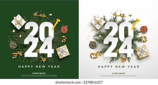 2024 happy new year. festive realistic decoration. Celebrate party 2024 on set square background
