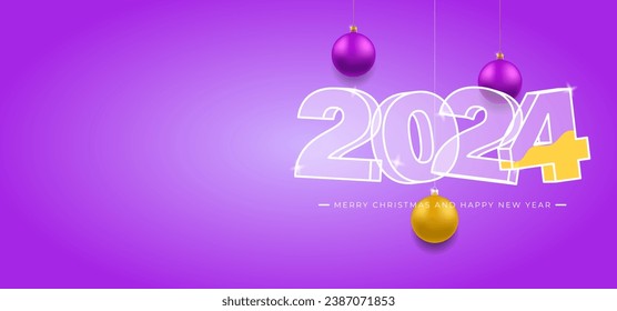 2024 Happy New Year. Glass text on purple background. Celebrate party 2024. Christmas balls. Load party concept. Xmas Poster, banner, cover card, brochure, flyer design. Vector illustration