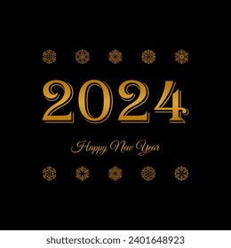 2024 happy new year. gold text and snowflakes on black background. vector image. design element for greeting card, banner, invitation, sign, postcard, vignette, flyer. template, concept