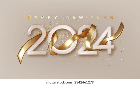 2024 Happy New Year with golden realistic 3d ribbon. Banner for christmas holiday.