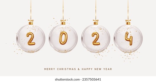 2024 Happy New Year. Golden metal number in glass Christmas balls hang on ribbon. Realistic 3d render metallic sign. Celebrate party 2024. Xmas Poster, web banner, header website. vector illustration