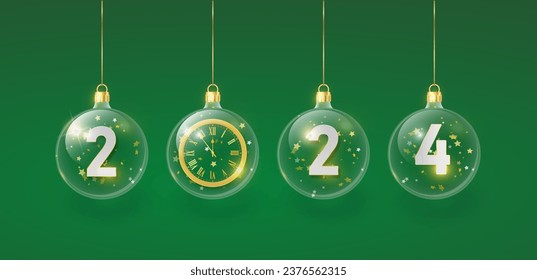 2024 Happy New Year in golden green. 2024 Golden metal number in glass bauble, decoration. Realistic 3d render metallic sign. Xmas Poster, banner, cover card, brochure flyer. Vector