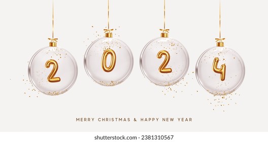 2024 Happy New Year. Golden metal number in glass Christmas balls hang on ribbon. Realistic 3d render metallic sign. Celebrate party 2024. Xmas Poster, web banner, header website. vector illustration