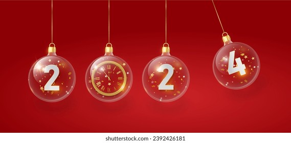 2024 Feliz Año Nuevo en rojo dorado. 2024 Número de metal dorado en baudible de vidrio, decoración. Signo metálico realista 3d. Cartel de Navidad, pancarta, carátula de cubierta, folleto. Vector