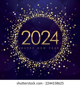 2024 A Happy New Year greeting card concept. Glittering golden ball with shiny number 20 24. Isolated graphic design template. Creative decoration. Holiday bg. Abstract gold dust.