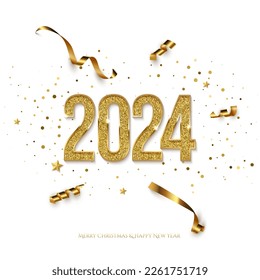 2024 Happy New Year greeting card vector template. Festive Christmas square social media banner design with congratulations. Golden numbers with confetti realistic illustration on white background