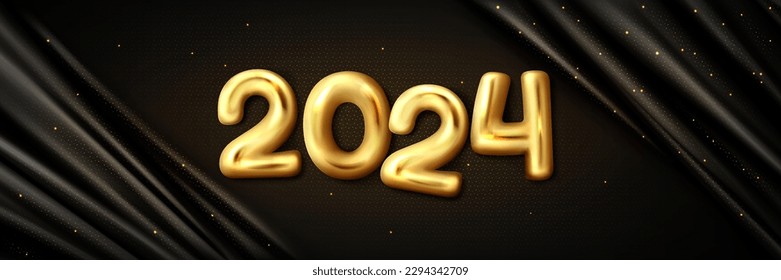 2024 Happy New Year greeting vector. Gold party typography design template with 3d balloon number on drapery silk fabric for website holiday banner. Premium yellow shiny headline typeface metal font