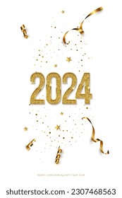 2024 Happy New Year greeting card vector template. Festive Christmas vertical social media banner design with congratulations. Golden numbers with confetti realistic illustration on white background.