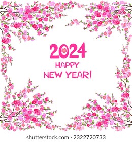 2024 Happy New Year greeting card. Celebration white background with pink flowers and place for your text. Cherry blossom. Sakura.  Element for New Year's design. Tag Label. Vector Illustration